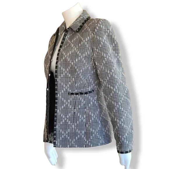 VINTAGE GERMANY Houndstooth Wool Boucle Blazer S Tweed Minimalist Jacket E Luxe - Picture 7 of 16